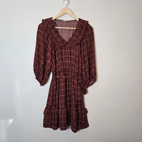 LC Lauren Conrad Dresses & Skirts - LC Lauren Conrad Burgundy Grid Peter Pan Collar Balloon Sleeve Tiered Dress M